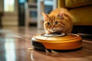 Cat sits on top of a robot vacuum cleaner, cleaning up scraps on the living room floor. Generative AI photo