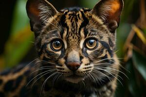 A close-up shot of a Marbled cat striking face, its focused eyes, documentary photo. Generative AI photo