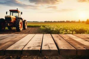 Empty wooden table top with farm landscape whit tractor during the autumn. Generative AI photo