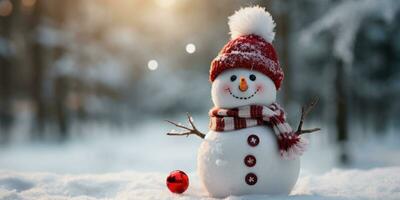 monigote de nieve con un Papa Noel sombrero, cerrar arriba, vacío espacio. generativo ai foto
