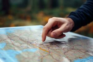 Close up hand is pointing direction to a map on a piece of paper. Generative AI photo