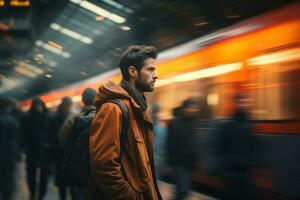 Man stand waiting train in subway fast moving. Generative AI photo