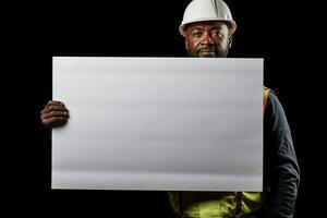 Construction worker holding a separate blank white panel isolated on black background. Generative AI photo