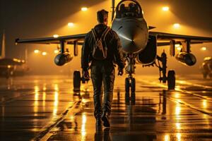 Pilot walking along the runway lighting in the background of a fighter Generative AI photo