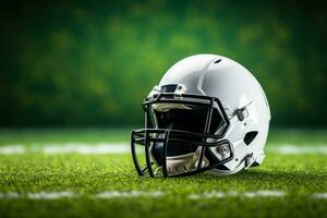 Minimalist photo of an American football helmet, artificial grass background. Generative AI