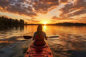 Model kayaking on a tranquil lake at sunset. Generative AI photo