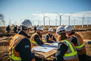 A modern wind farm backdrop team of lady engineers meeting. Generative AI photo