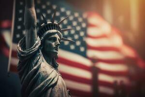 estatua de libertad en el antecedentes de el americano bandera. democracia y libertad concepto. neural red ai generado Arte foto