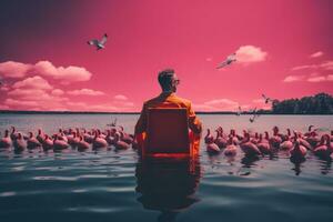 resumen un hombre sentado en un silla en frente de un cuerpo de agua con un pájaro en sus atrás. generativo ai foto