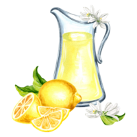 Composition of jug with lemonade, lemon and flowers Watercolor hand drawn illustration  for design, stickers, patterns, packaging, cards, textiles, embroidery. png