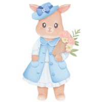 Watercolor cute rabbit in blue dress, for decoration invitation and greetings png