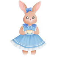 Watercolor cute rabbit in blue dress, for decoration invitation and greetings png