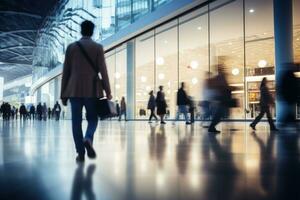 Blurred background of a modern shopping mall with some shoppers. Generative AI photo