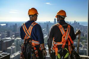 A workers working at height with safety harness. Generative AI photo