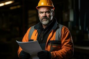 Construction worker holding a blueprint and discussing plans, bright background. Generative AI photo