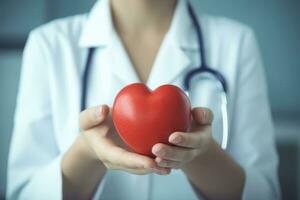 Doctor holding red heart in hands. Generative AI photo