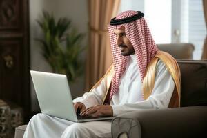 saudi hombre sentado ordenador portátil Al frente teniendo un en línea reunión. generativo ai foto