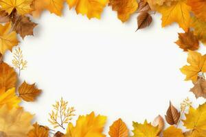 Autumn leaves on a white background With space for text. Generative AI photo