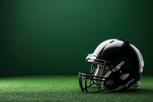 Minimalist photo of an American football helmet, artificial grass background. Generative AI