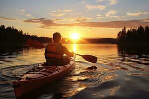 Model kayaking on a tranquil lake at sunset. Generative AI photo