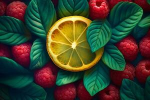 Background with raspberry, lemon and mint. Neural network AI generated photo