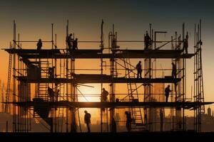 Silhouette construction worker on scaffolding building site. Generative AI photo