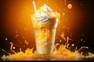 Mango smoothie frappe effect swirling wave Mango milk splash around glass. Generative AI photo