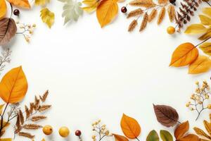 Autumn leaves on a white background With space for text. Generative AI photo