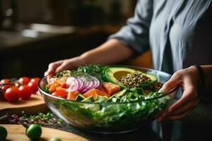 Close up of a woman preparing a salad. Generative AI photo