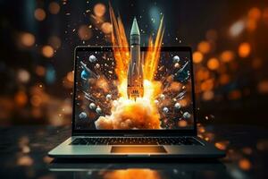 AI Generated Launching Space Rocket From Laptop Screen. Generative AI photo