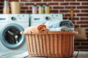 Basket with dirty clothes near washing machines in a kitchen. Generative AI photo