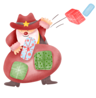 Père Noël claus dans denim mignonne cow-boy avec une Noël cadeau sac png