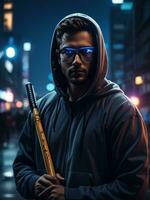 A cyberpunk man carrying a baseball bat in the middle of town photo