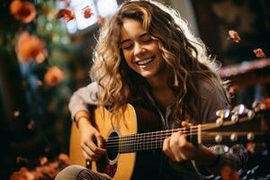 alegre joven mujer jugando acústico guitarra en vivo habitación. generativo ai foto