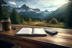 Notebook on the desk, pen next to it, closeup, mountains in the background. Generative AI photo