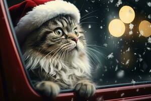 Cute cat in a Santa Claus costume Christmas blurred bokeh lights. Generative AI photo