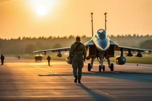 Pilot walking along the runway lighting in the background of a fighter Generative AI photo