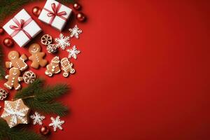 Navidad bandera con algunos regalos, pan de jengibre hombre galletas en rojo antecedentes. generativo ai foto