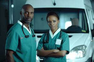 A team of doctors and nurses stand in front of an ambulance. Generative AI photo