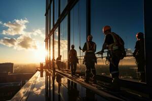A workers working at height with safety harness. Generative AI photo