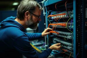 The system administrator configures the wires of the network equipment. Generative AI photo