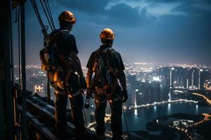 A workers working at height with safety harness. Generative AI photo