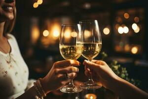 cerca arriba manos amigos tostado blanco vino a cena fiesta en restaurante. generativo ai foto