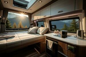 Cozy interior in the trailer of motorhome, Generative AI photo