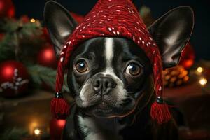 nuevo años equipo festividad perro con Navidad árbol en su cabeza. generativo ai foto