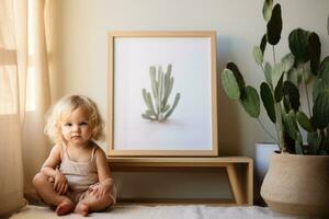 Style realistic photo of a baby sitting next to a plain white photo frame. Generative AI