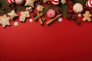 Christmas Banner with some presents, gingerbread man cookies on red background. Generative AI photo