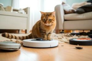 Cat sits on top of a robot vacuum cleaner, cleaning up scraps on the living room floor. Generative AI photo