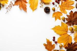 Autumn leaves on a white background With space for text. Generative AI photo