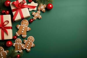 Christmas Banner with some presents, gingerbread man cookies on green background. Generative AI photo